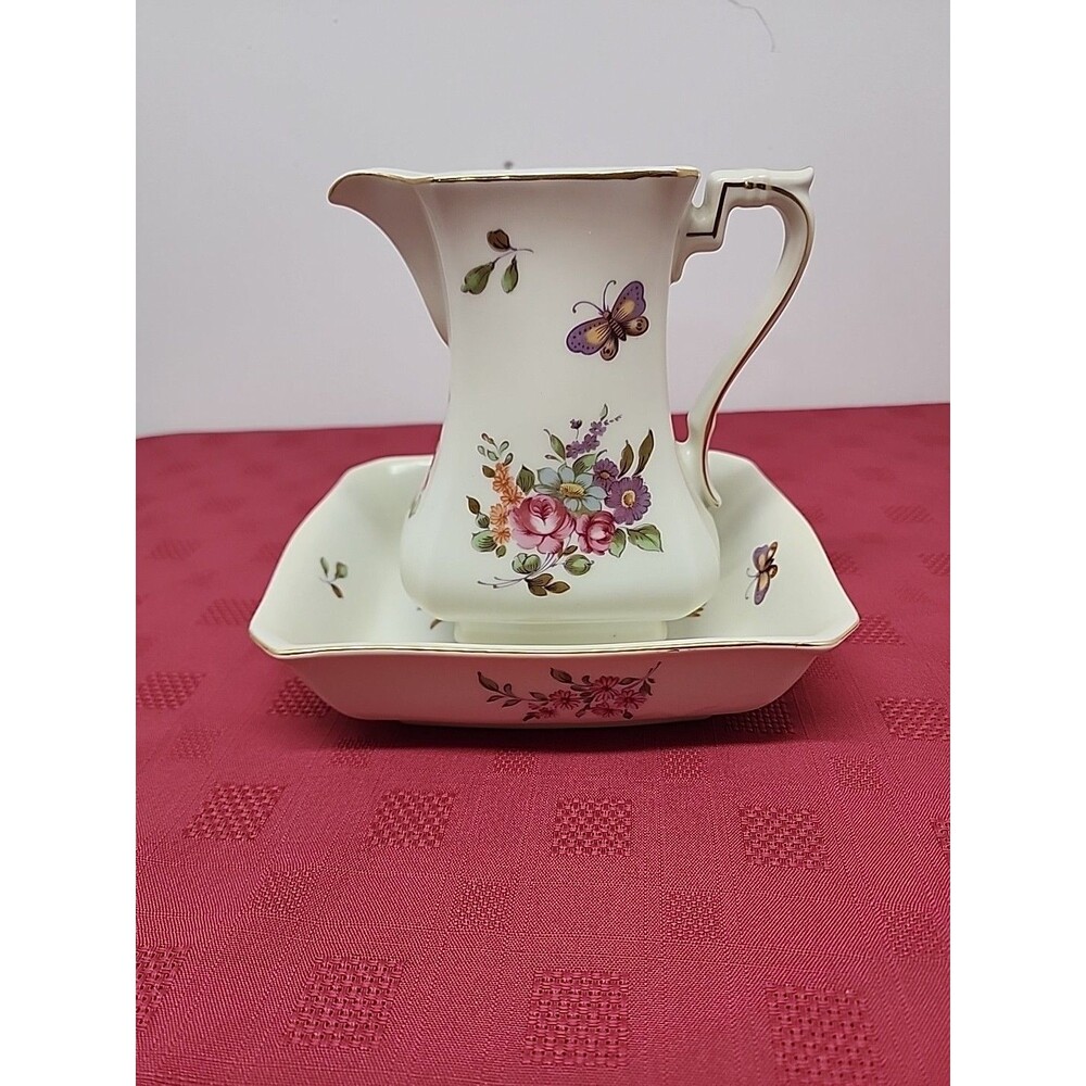 Vintage Lefton Pitcher And Basin #XA8136 Flowers And Butterflies Japan 1950s